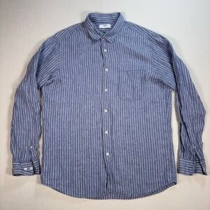 Uniqlo 100% Linen Shirt Men's L Blue Stripe Pocket Button Up Coastal Resort